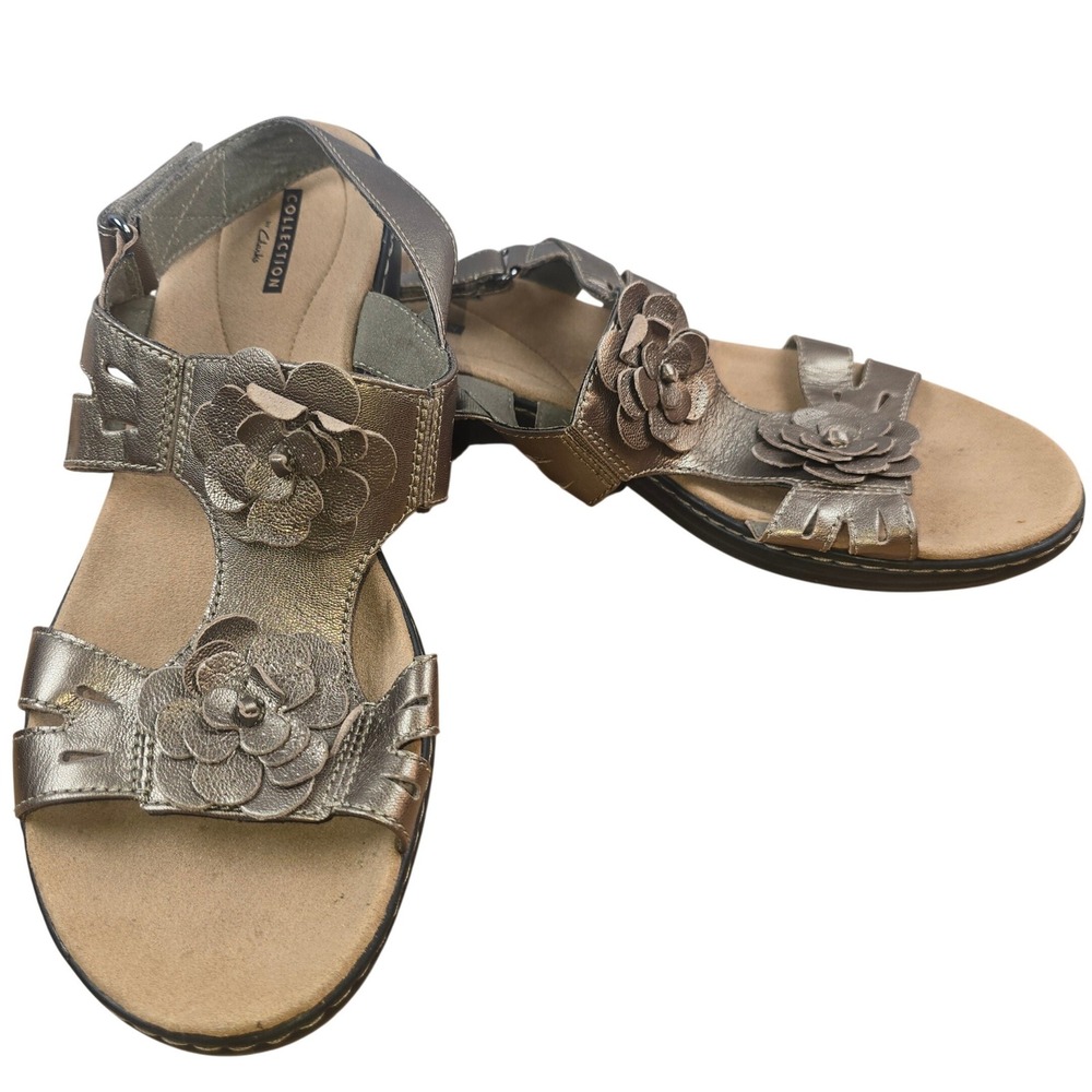 Collection by Clarks Women's Sandals Size 11 Floral Metallic Champagne Hook&Loop